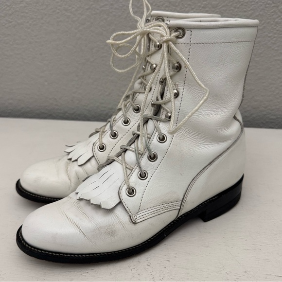Justin White Leather Kiltie Paddock Boots Lace Up Roper Equestrian Size 5.5 - Picture 1 of 16